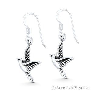 Flying Hummingbird Spirit Animal Charm Earrings in Oxidized .925 Sterling Silver